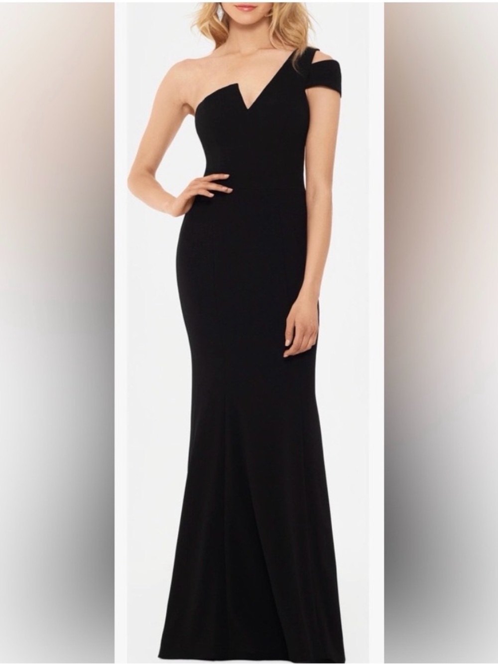 Betsy & Adam Black One-Shoulder V-Notch Evening Gown